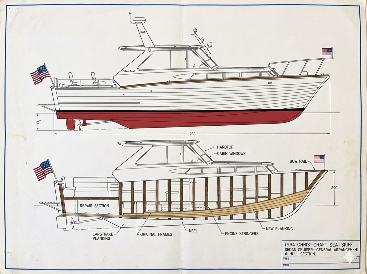 General arrangement and hull-section drawing of Minnow