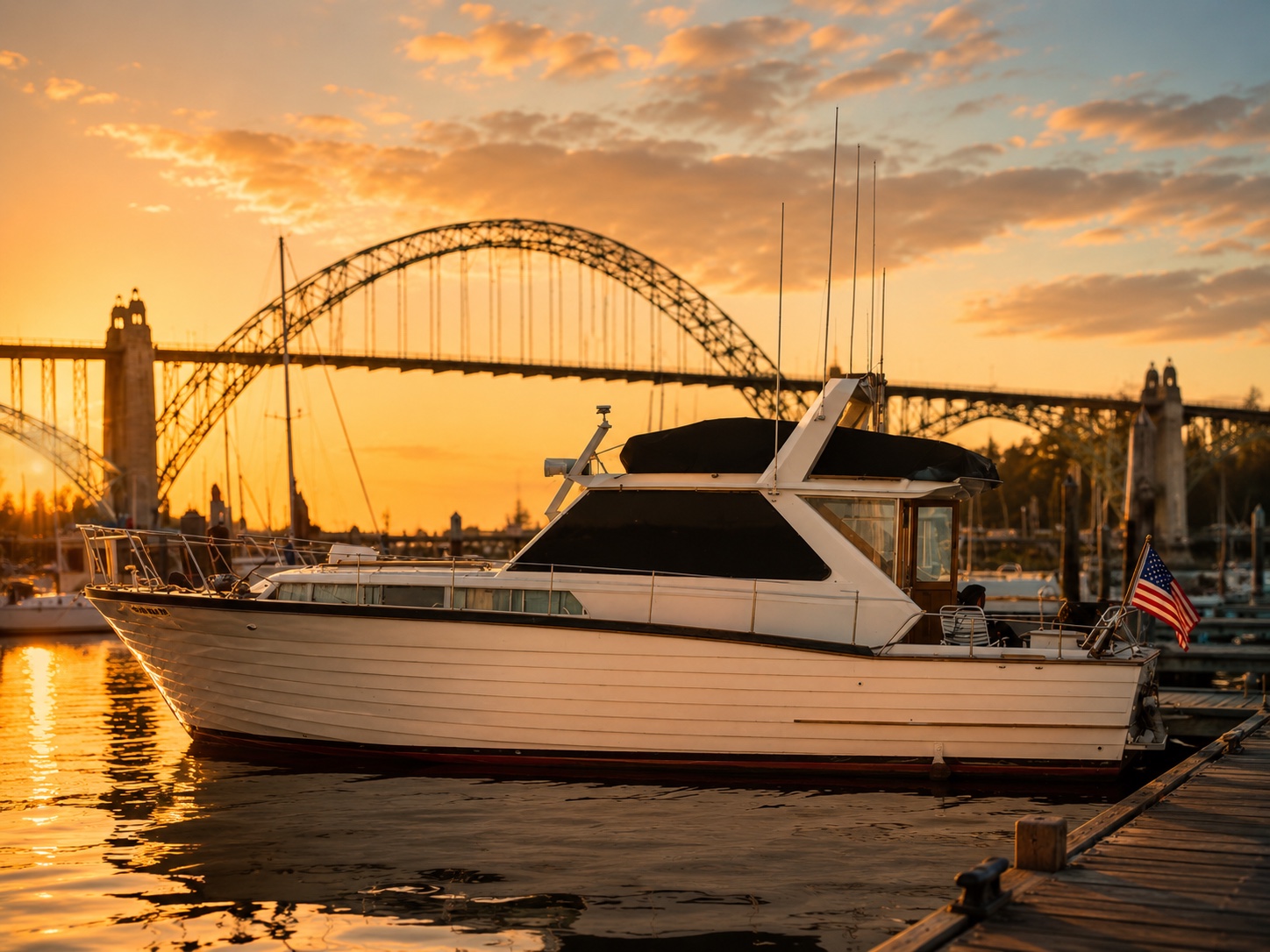 Minnow, a 1964 Chris-Craft Sea Skiff Sea Hawk 38-foot Sedan Cruiser, moored at a dock at sunset beneath a large steel arch bridge